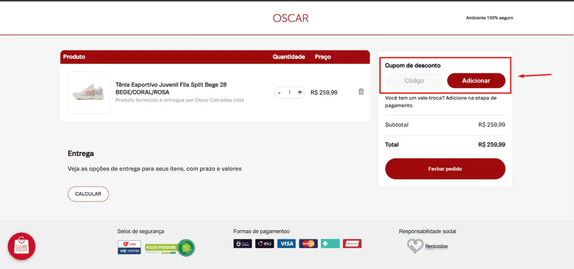 Onde inserir cupom de desconto Oscar Calçados