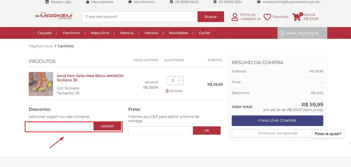 Onde inserir cupom de desconto Lojas Markem
