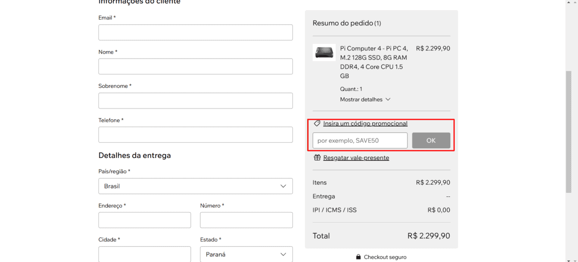 Onde inserir cupom de desconto Project Company