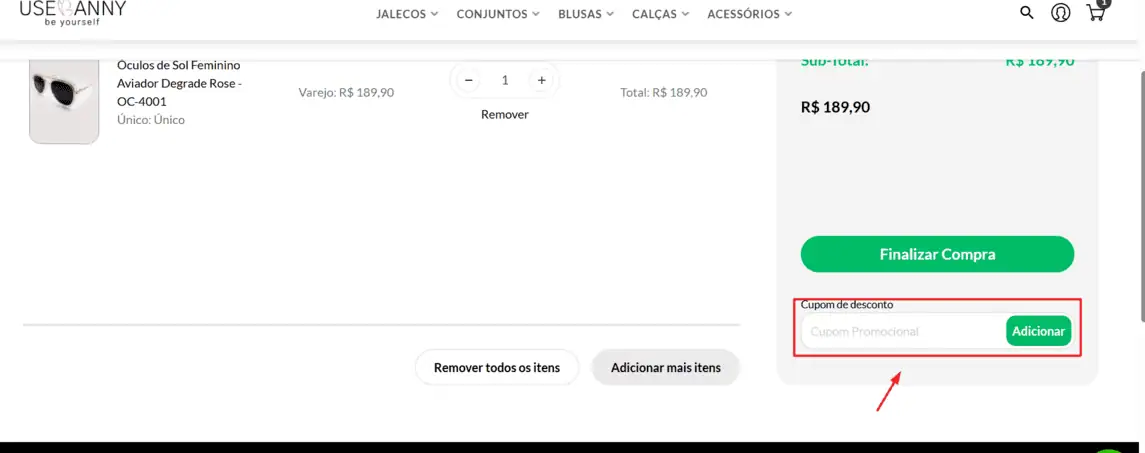 Onde inserir cupom de desconto Anny Jalecos