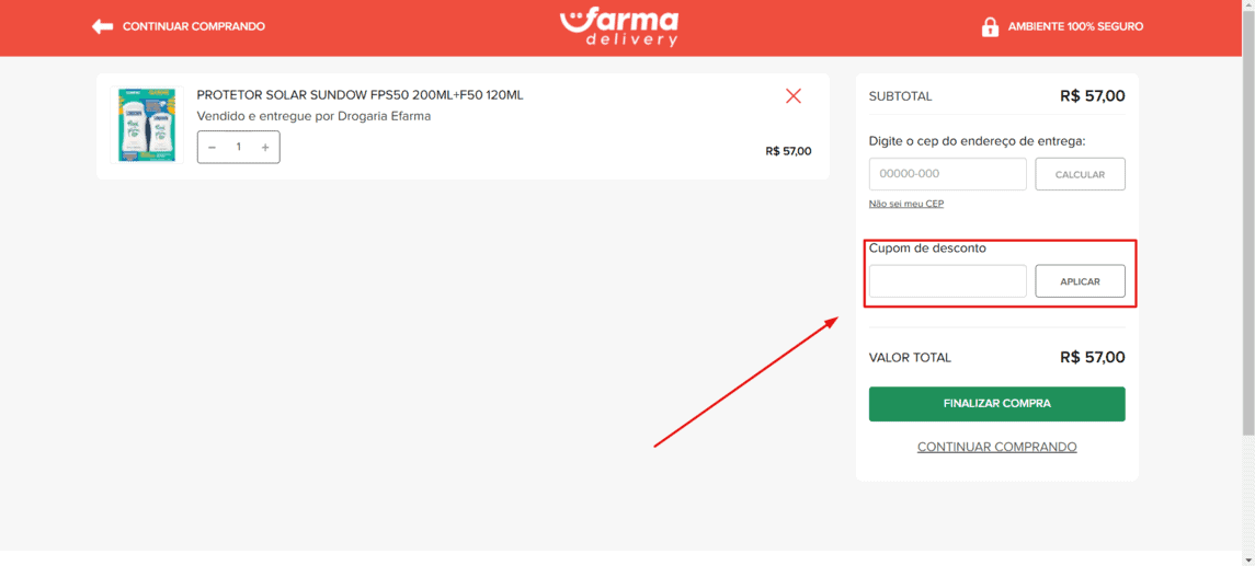 Onde inserir cupom de desconto Farmadelivery