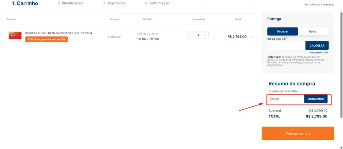 Onde inserir cupom de desconto Angeloni Eletro