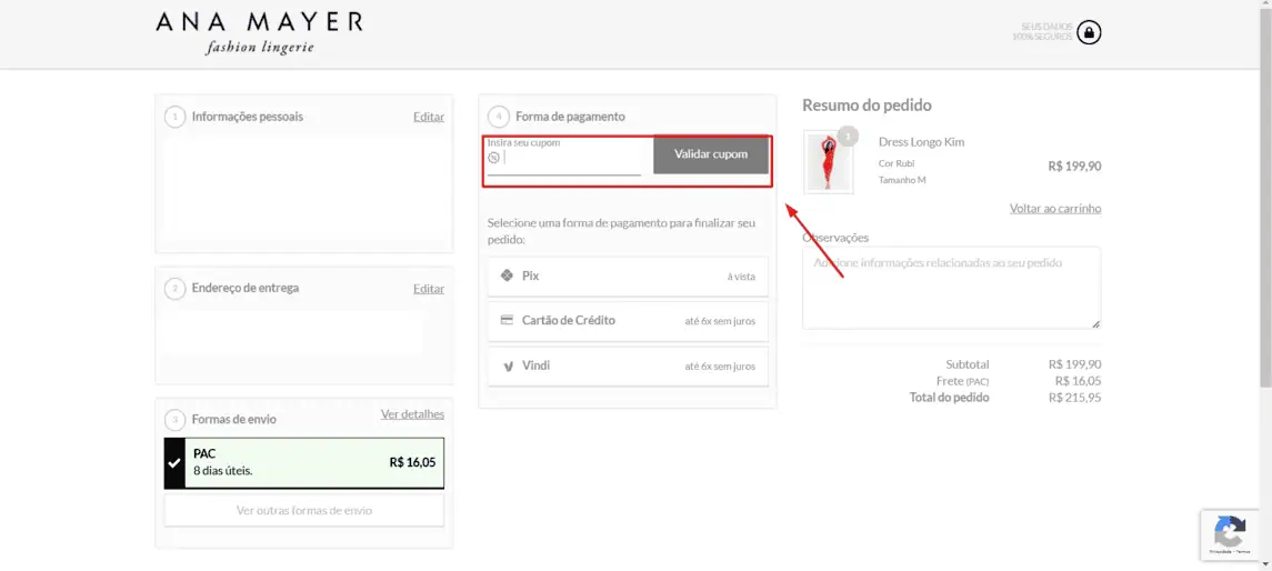 Onde inserir cupom de desconto Ana Mayer