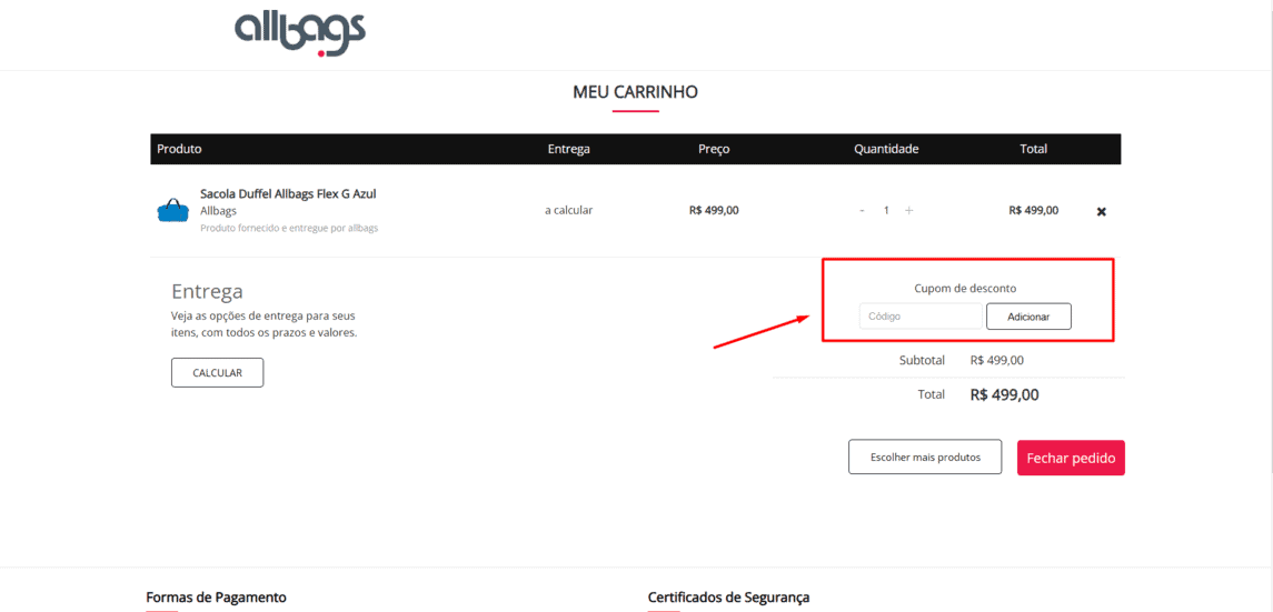 Onde inserir cupom de desconto Allbags