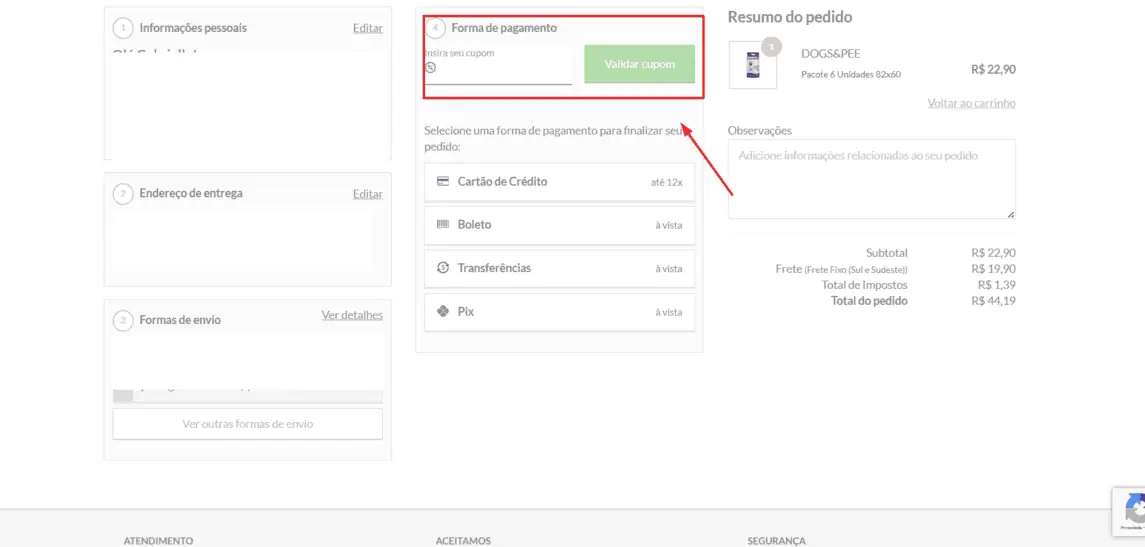 Onde inserir cupom de desconto RevendeDog