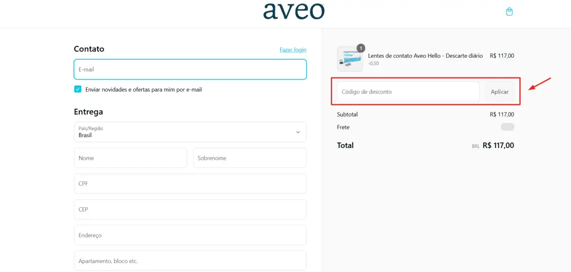 Onde inserir cupom de desconto Aveo Vision