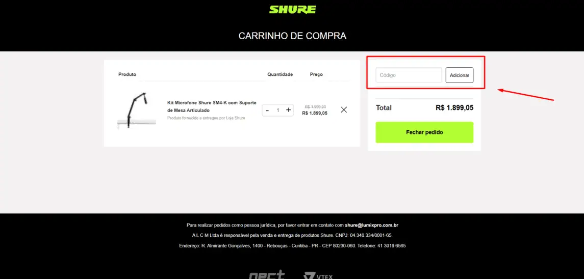 Onde inserir cupom de desconto Loja Shure