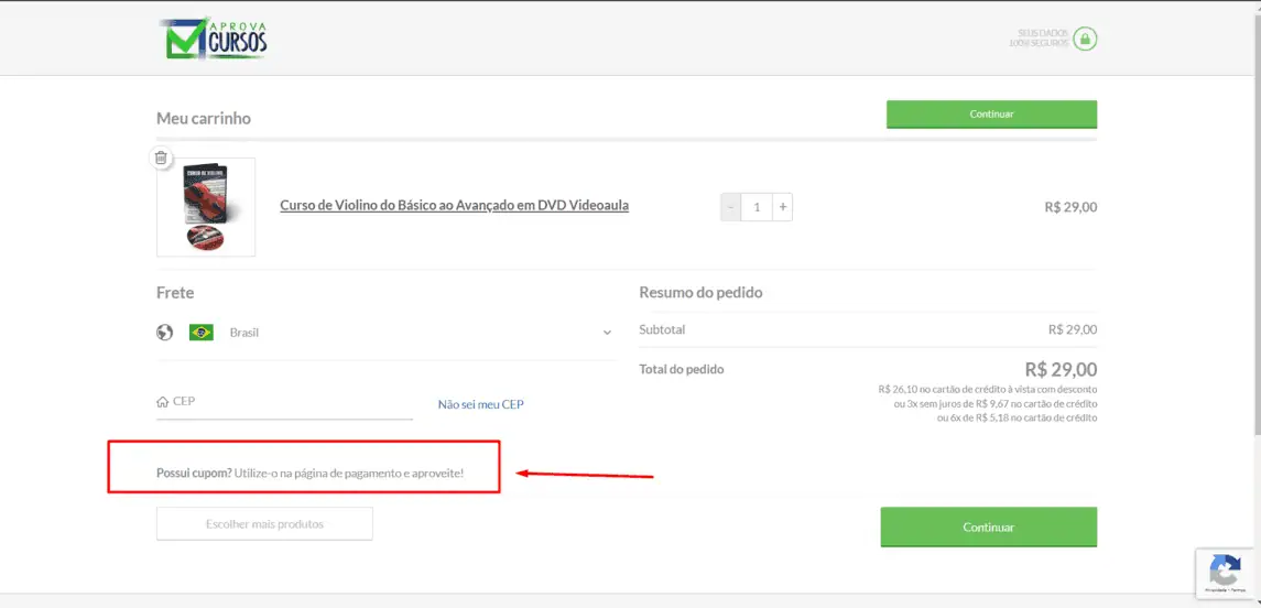 Onde inserir cupom de desconto Aprova Cursos