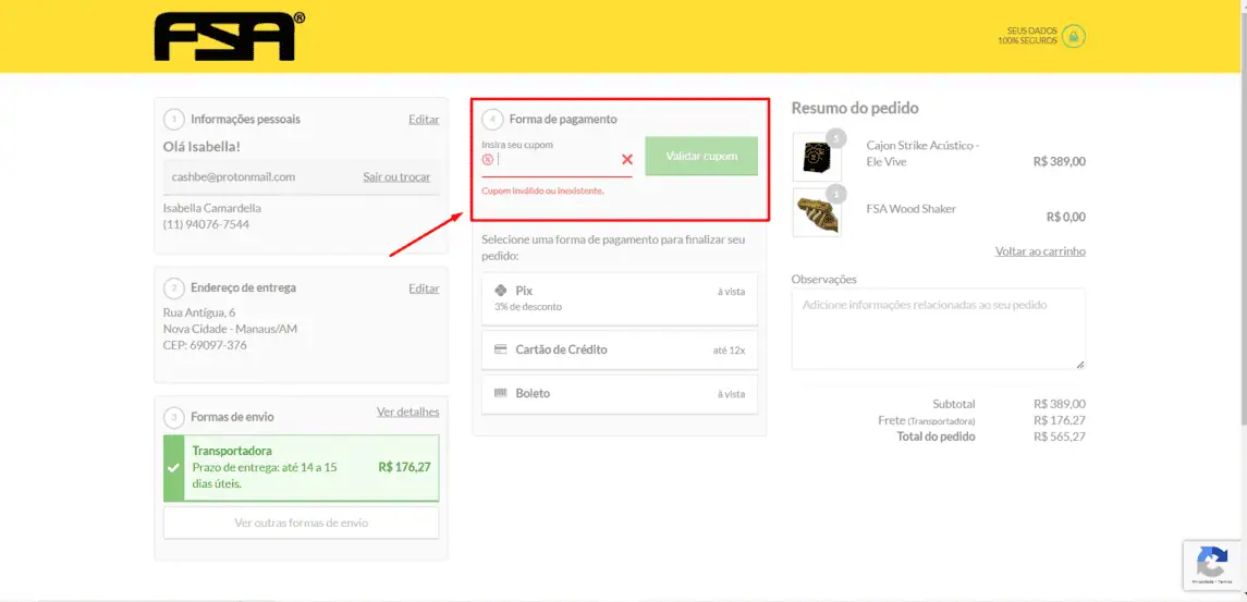 Onde inserir cupom de desconto FSA Cajons