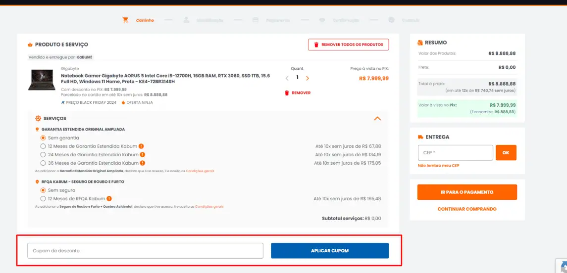 Onde inserir cupom de desconto KaBuM