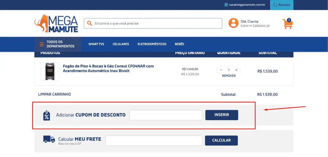 Onde inserir cupom de desconto MegaMamute
