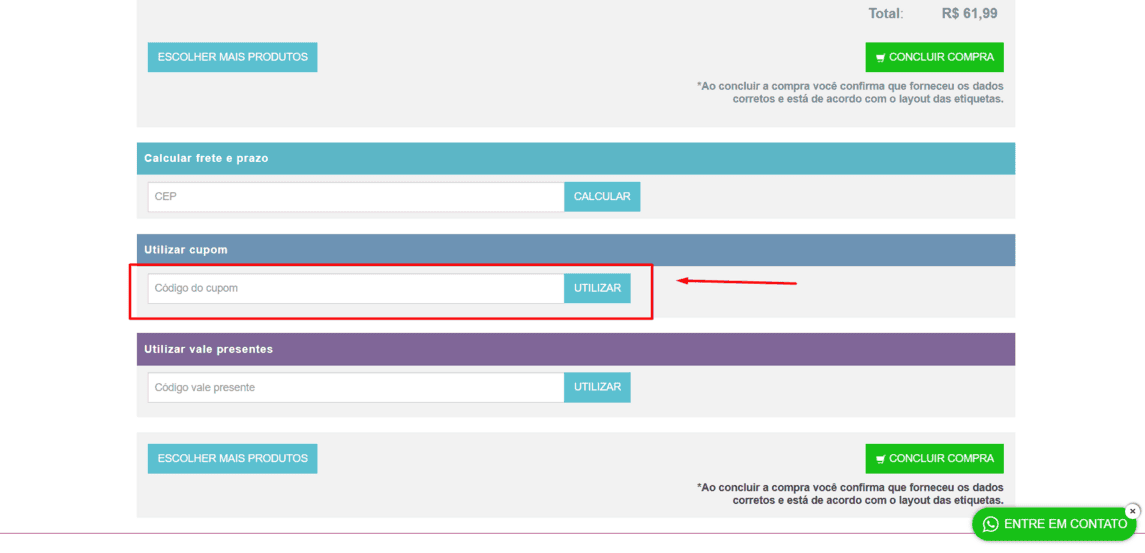 Onde inserir cupom de desconto Etiquetas & Adesivos