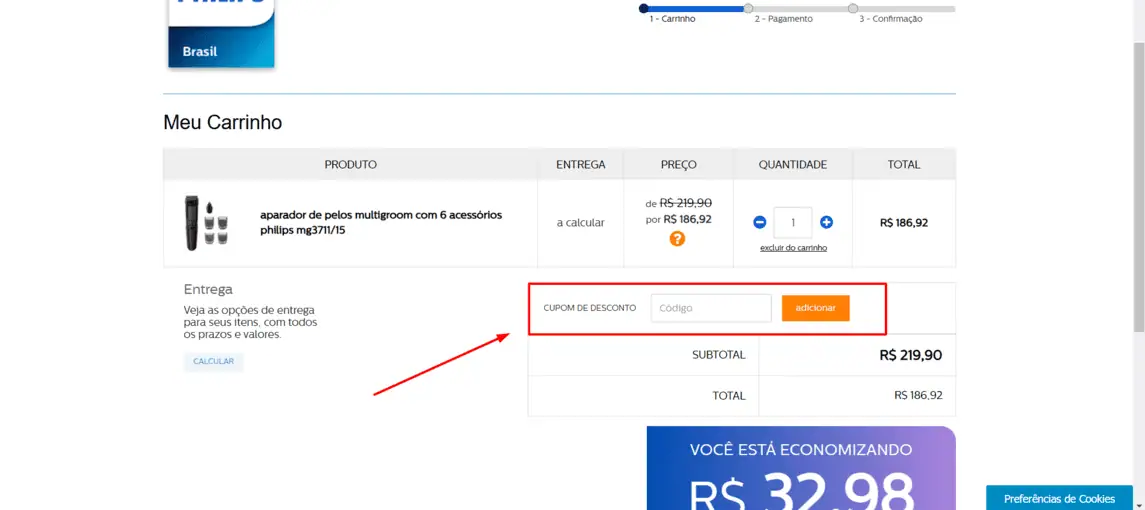 Onde inserir cupom de desconto Philips
