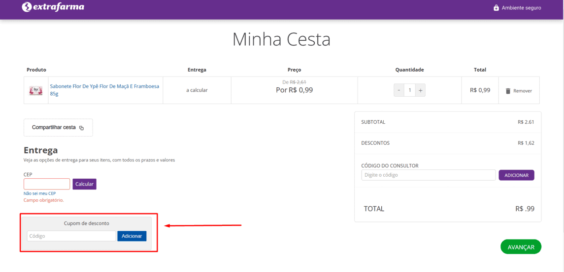 Onde inserir cupom de desconto Extrafarma