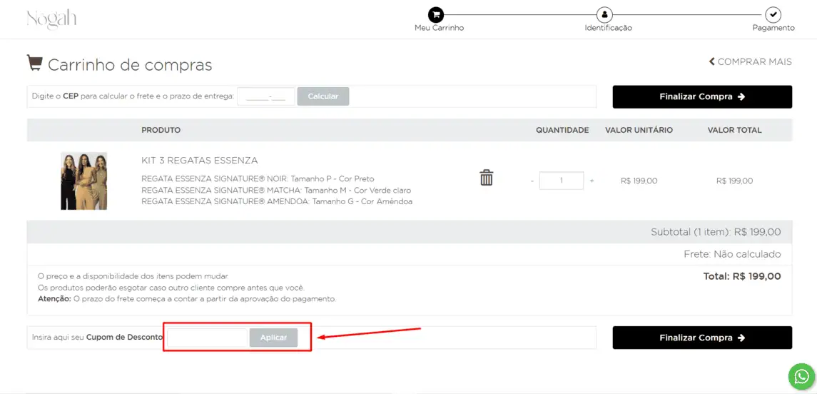 Onde inserir cupom de desconto Nogah