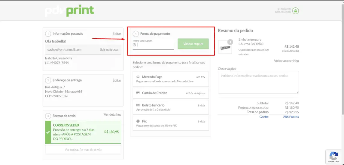 Onde inserir cupom de desconto PDV PRINT EMBALAGENS