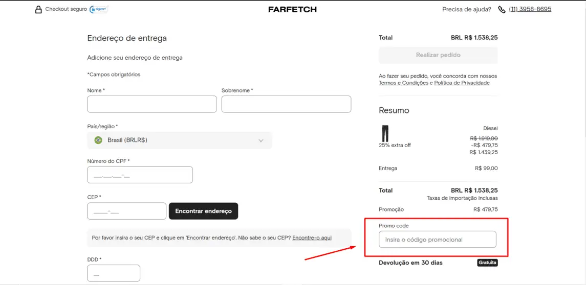 Onde inserir cupom de desconto FarFetch