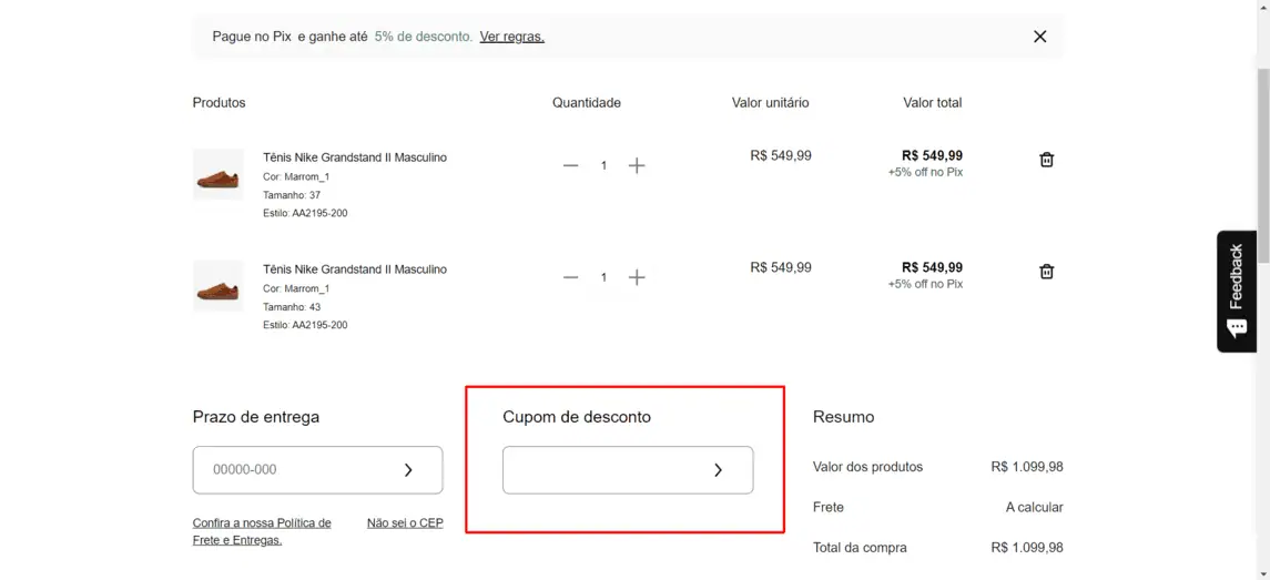 Onde inserir cupom de desconto Nike