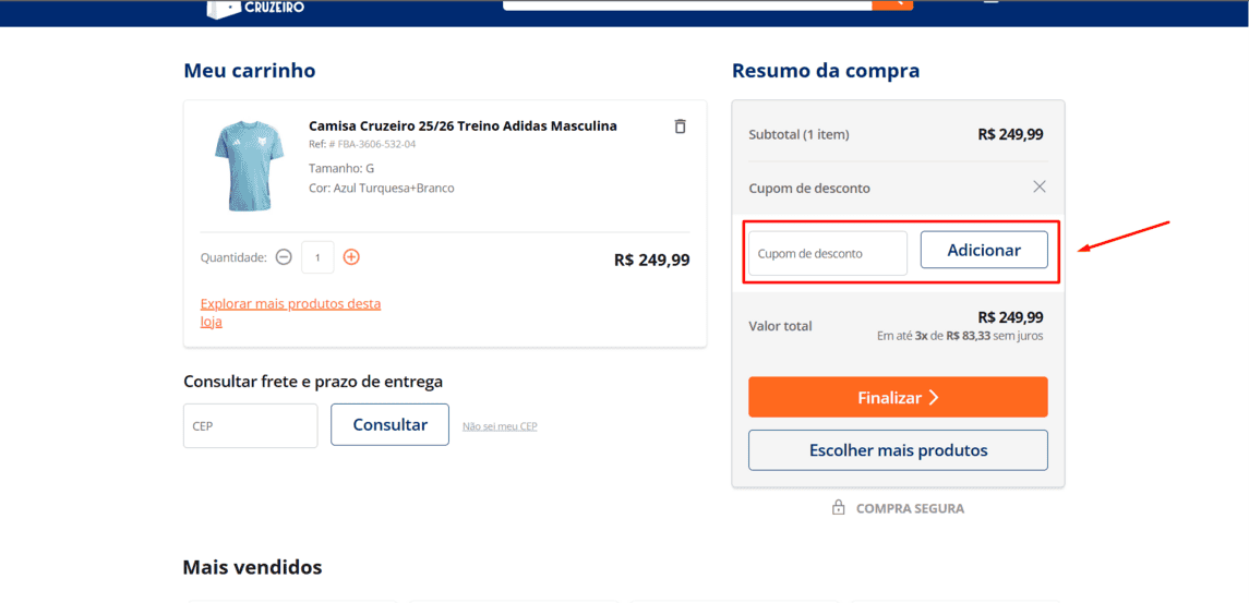 Onde inserir cupom de desconto Shop Cruzeiro