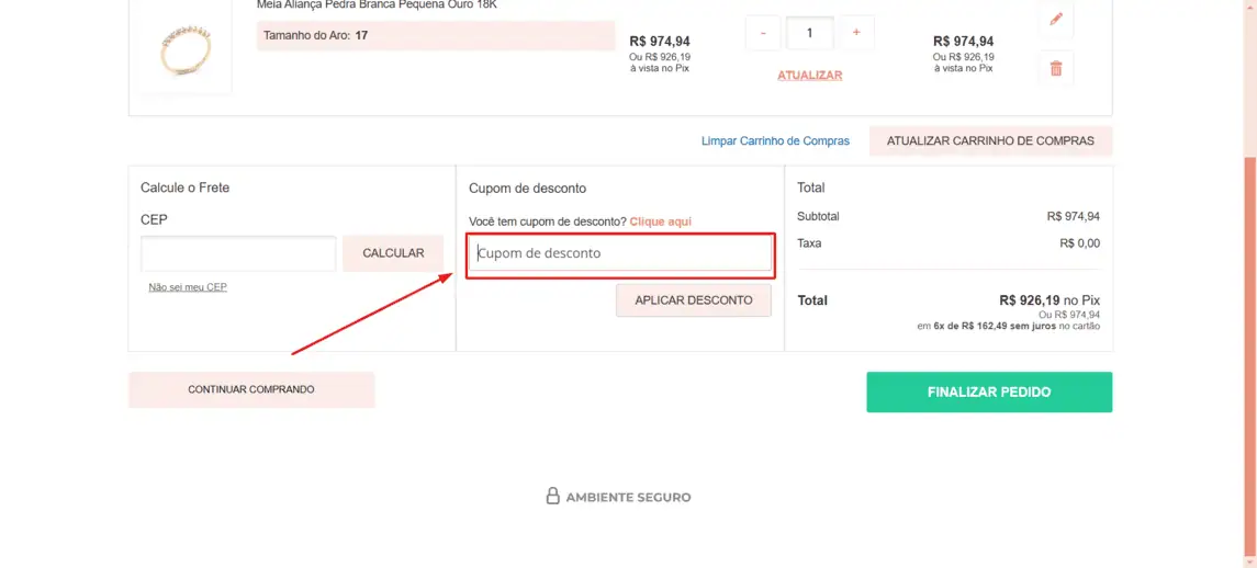 Onde inserir cupom de desconto Virtual Joias