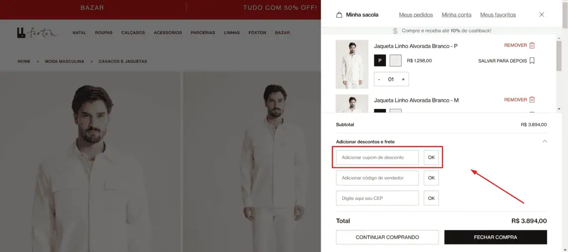 Onde inserir cupom de desconto Foxton