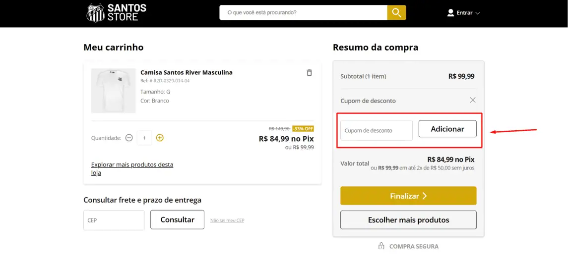 Onde inserir cupom de desconto Santos Store