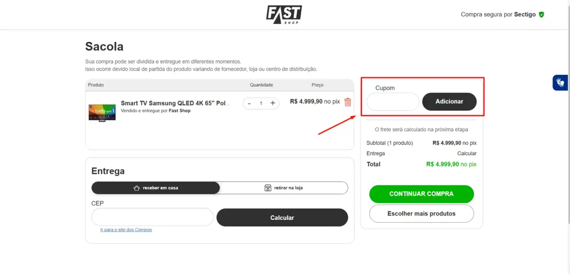 Onde inserir cupom de desconto Fast shop