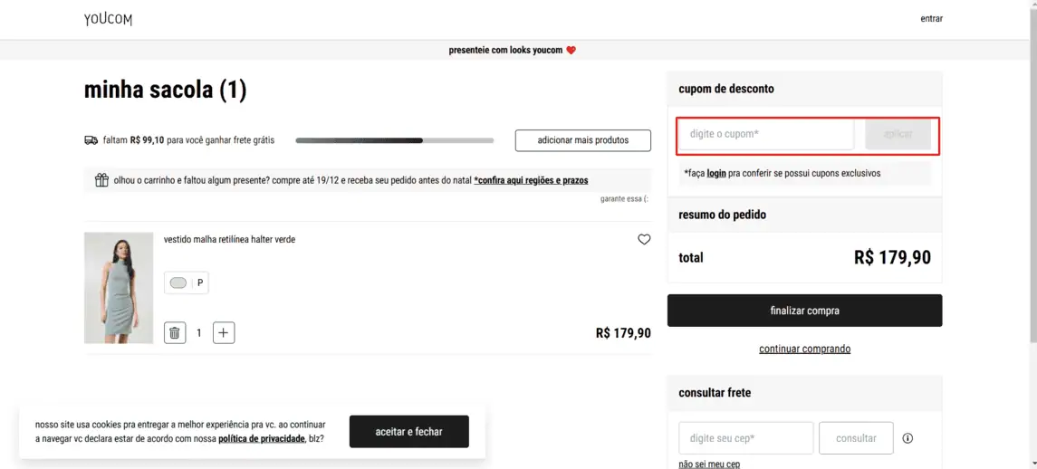 Onde inserir cupom de desconto YouCom