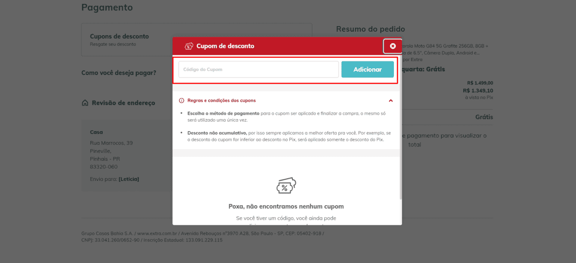 Onde inserir cupom de desconto Extra