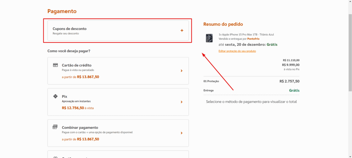 Onde inserir cupom de desconto Pontofrio