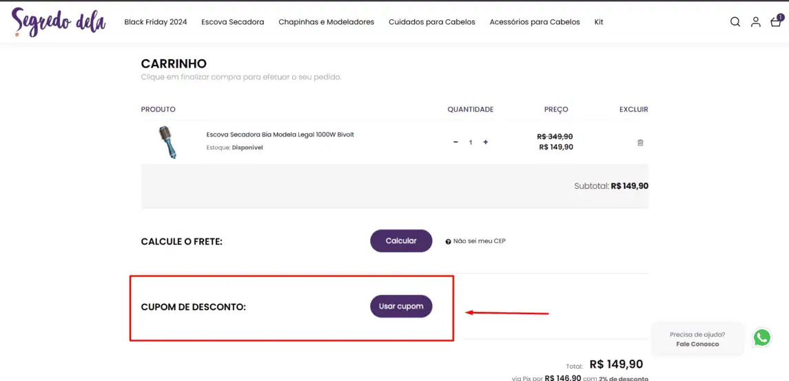 Onde inserir cupom de desconto Segredo dela