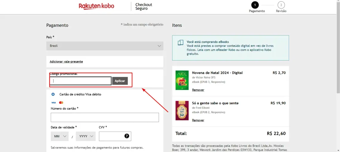 Onde inserir cupom de desconto Kobo
