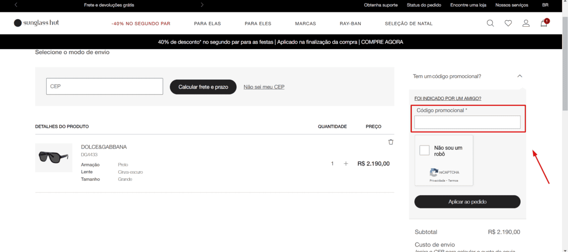 Onde inserir cupom de desconto Sunglass Hut