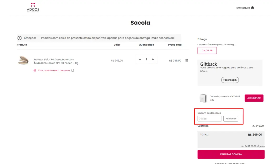 Onde inserir cupom de desconto Adcos