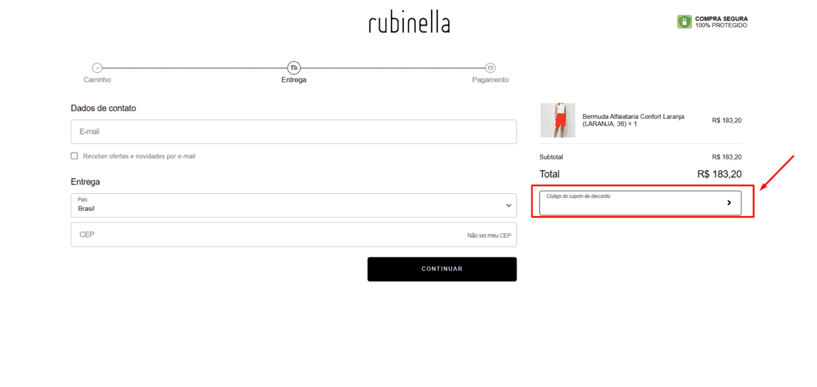 Onde inserir cupom de desconto Rubinella