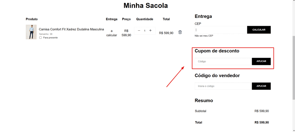 Onde inserir cupom de desconto Dudalina