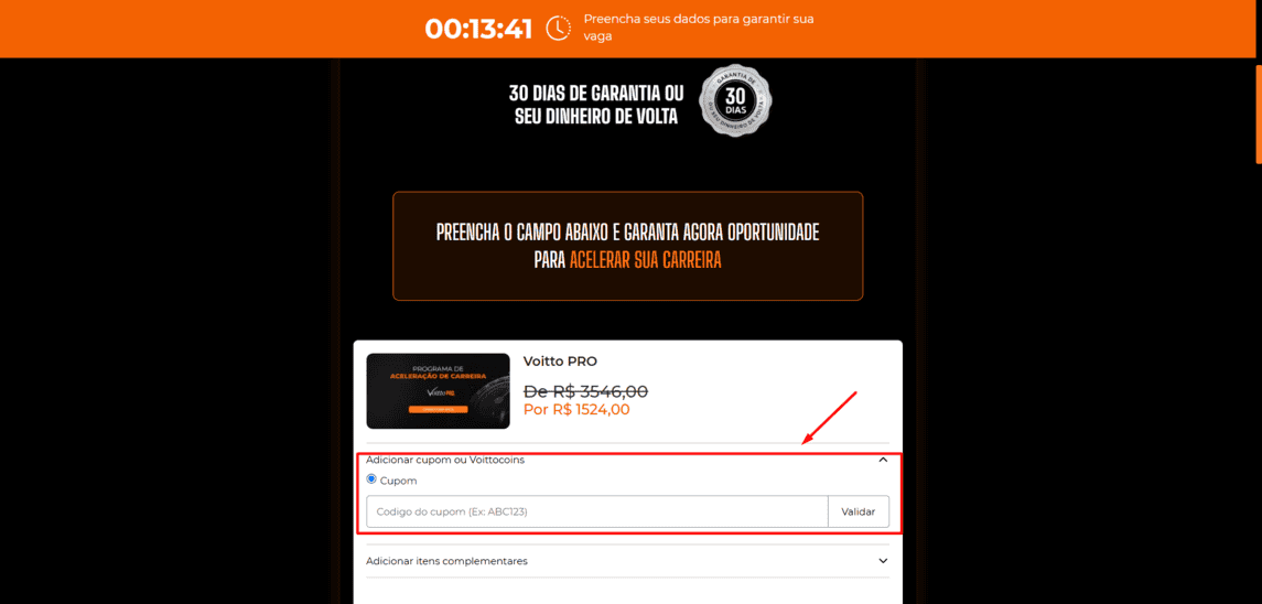 Onde inserir cupom de desconto Voitto