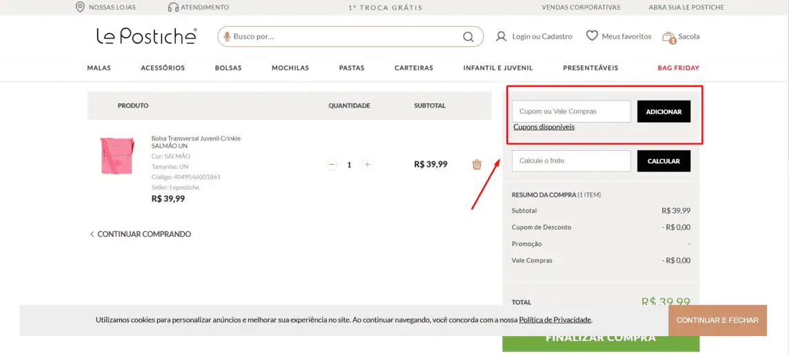 Onde inserir cupom de desconto Le Postiche