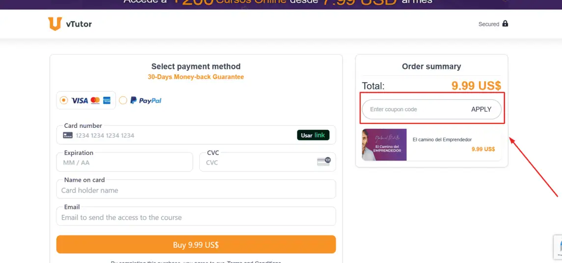 Onde inserir cupom de desconto VTutor Academy