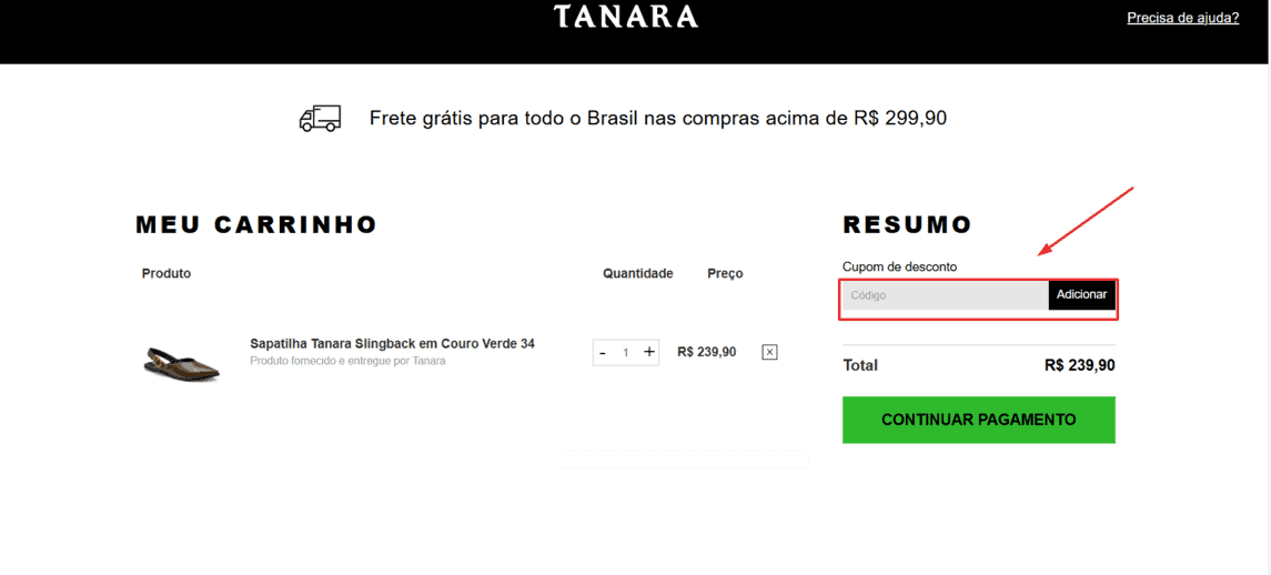 Onde inserir cupom de desconto Tanara