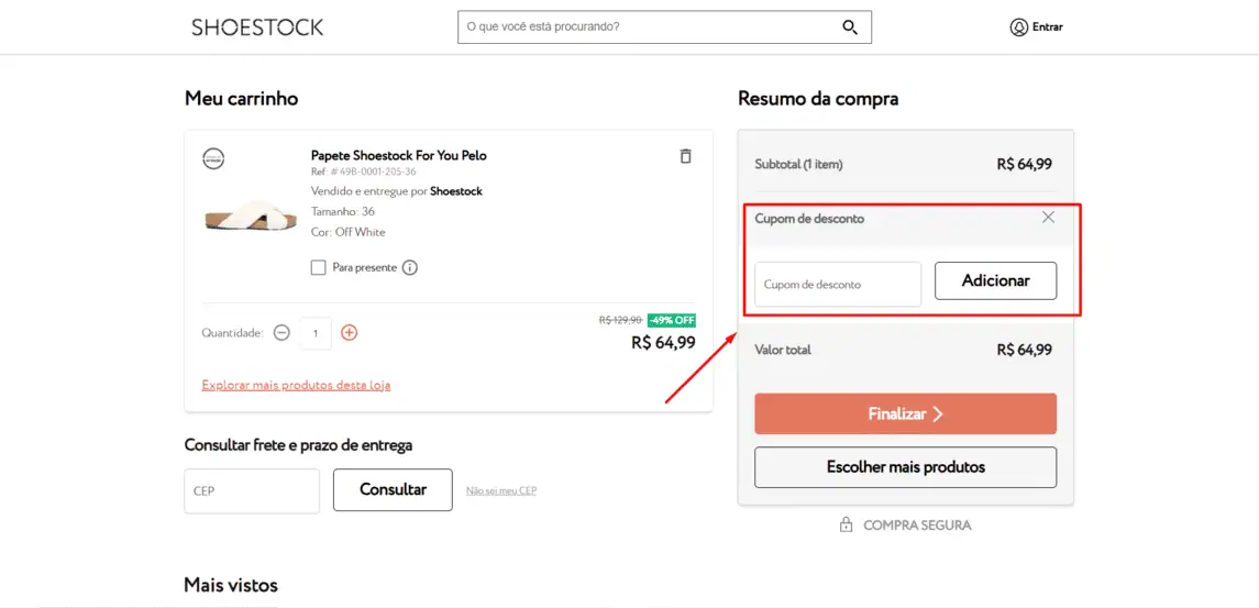Onde inserir cupom de desconto Shoestock