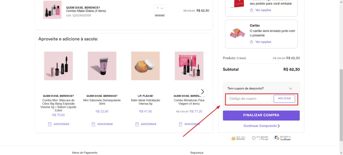 Onde inserir cupom de desconto Quem Disse Berenice