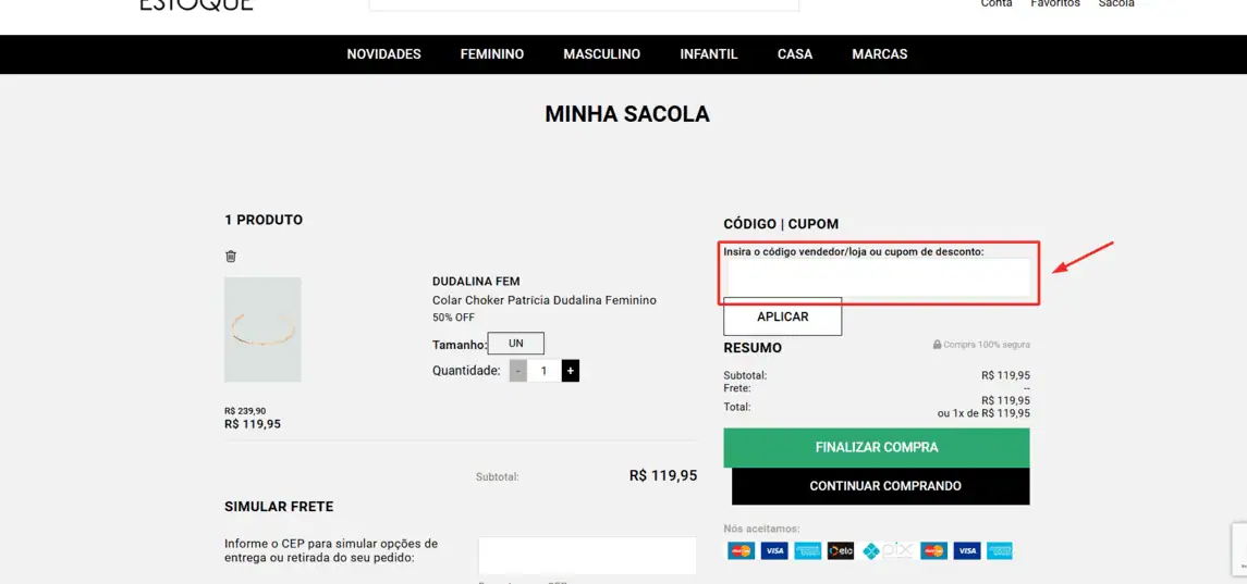 Onde inserir cupom de desconto Estoque