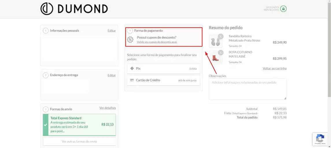 Onde inserir cupom de desconto Dumond