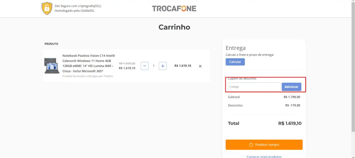 Onde inserir cupom de desconto Trocafone