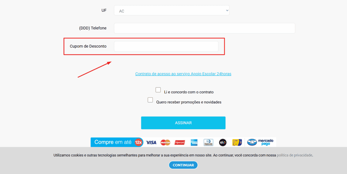 Onde inserir cupom de desconto Apoio Escolar 24horas