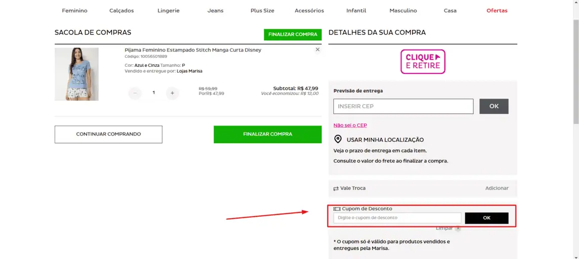 Onde inserir cupom de desconto Marisa