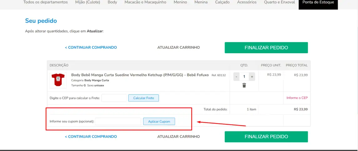 Onde inserir cupom de desconto Bebê Fofuxo