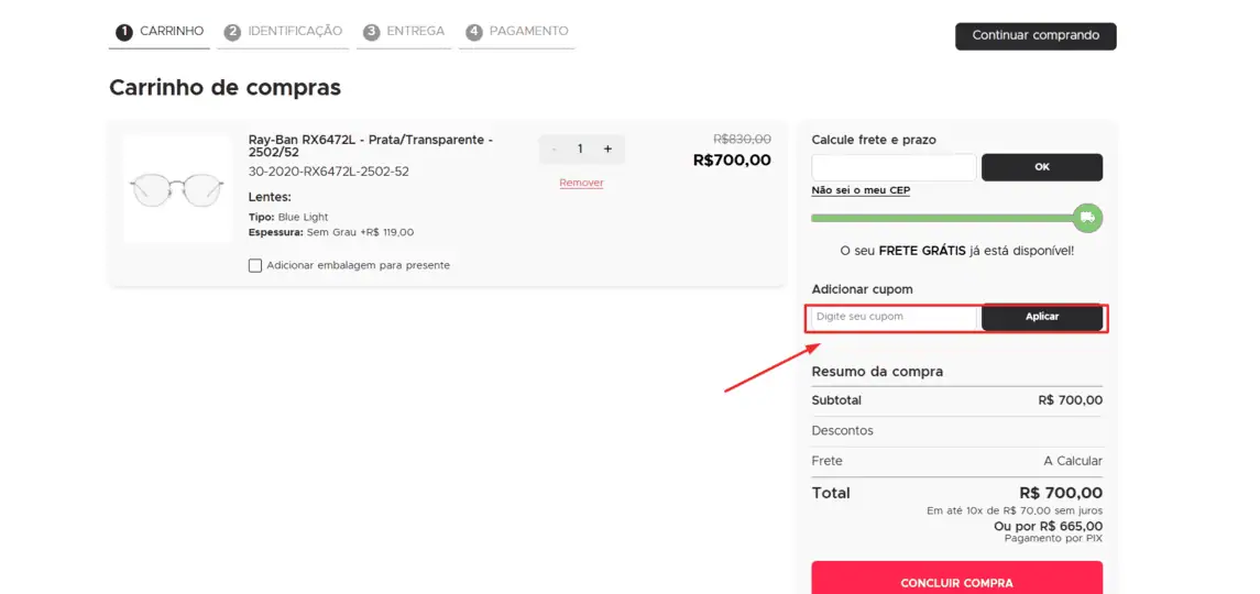 Onde inserir cupom de desconto Eotica