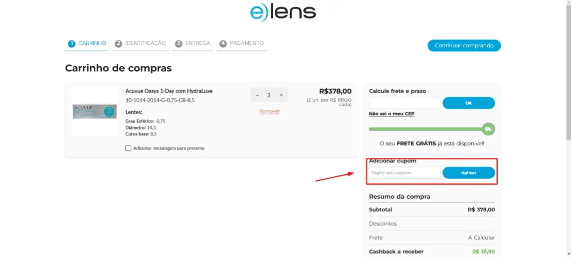 Onde inserir cupom de desconto ELens